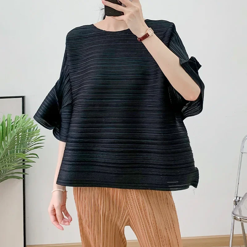 

Miyake Pleated T-shirt Folded Sleeve Blouse 2024 Summer Loose Large Size Women's Solid Color Half-sleeved Thin Women's Clothing