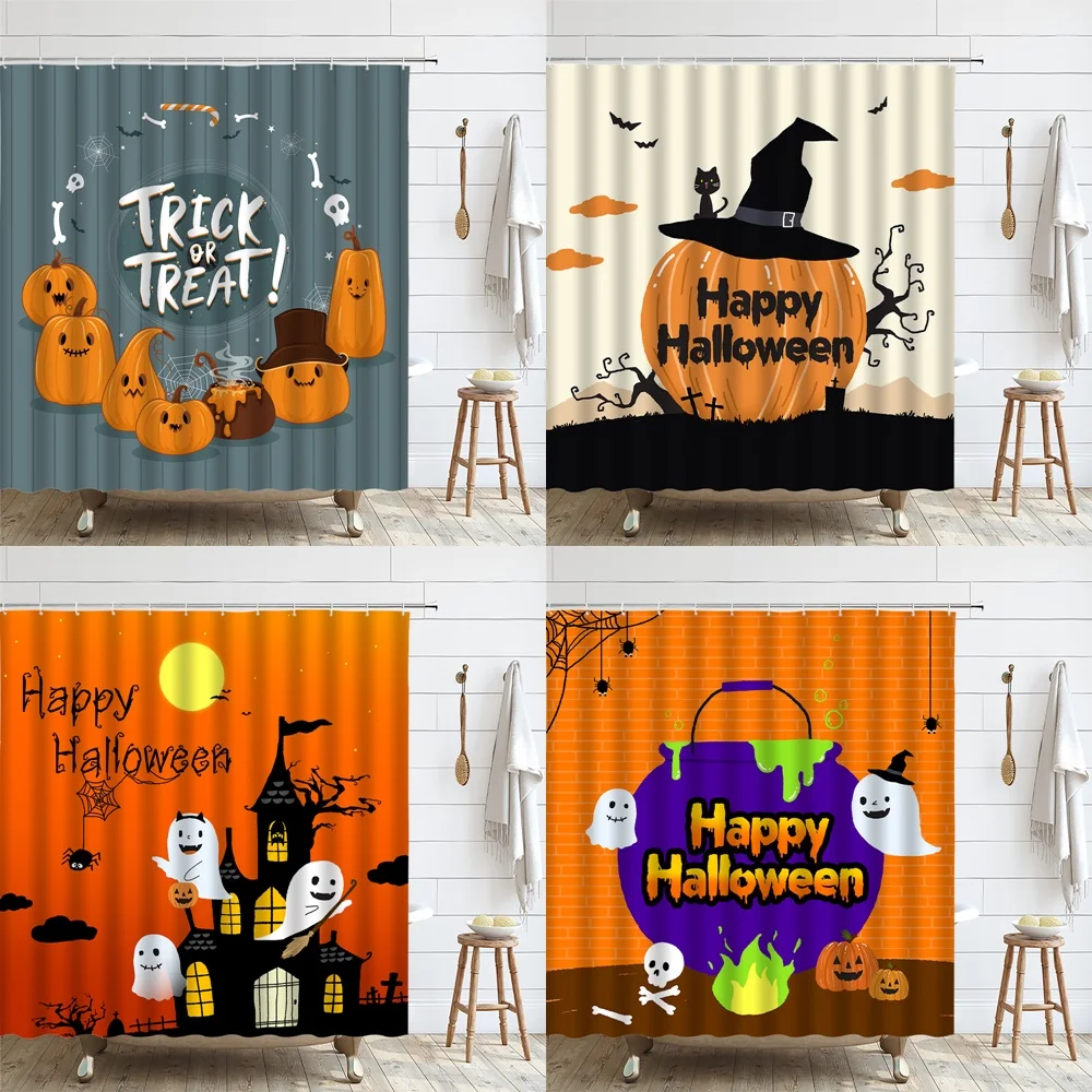 

Halloween Witch Shower Curtain Magic Witchcraft Alchemy Funny Pumpkin Bats Cartoon Spooky Spider Bathroom Decor Fabric Curtains