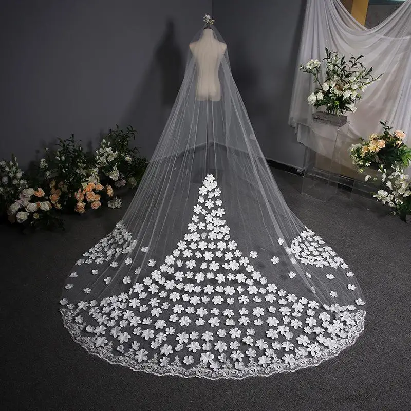 

Cathedral Bridal Veils Luxury Long Trailing Lace Veil 3.8m Appliques Beaded Fairy Net Yarn Wedding Veils Korean Style New