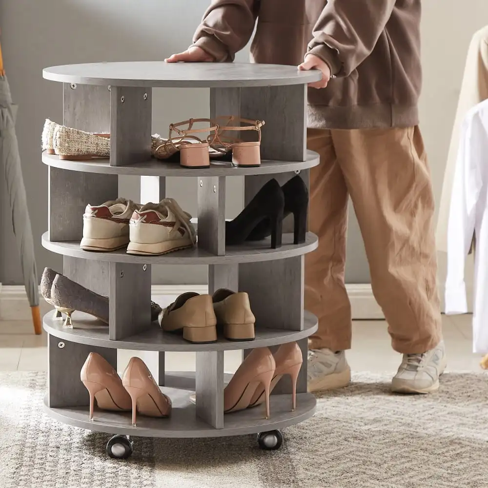 

Деревянная круглая вращающаяся стойка для обуви Leumius с колесами, 4-уровневая вращающаяся стойка для обуви для 16-20 пар, вращение 360