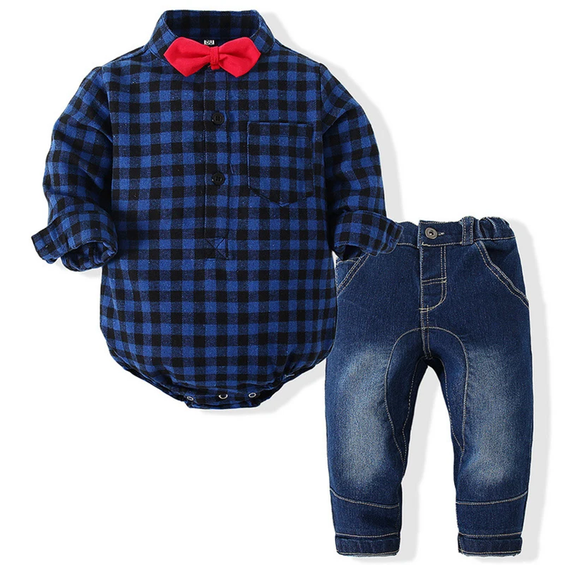 

2Piece Fall Toddler Boy Outfits Newborn Clothes 0 3 Months Korean Fashion Plaid Long Sleeve Bodysuit+Jeans Baby Clothing BC1636