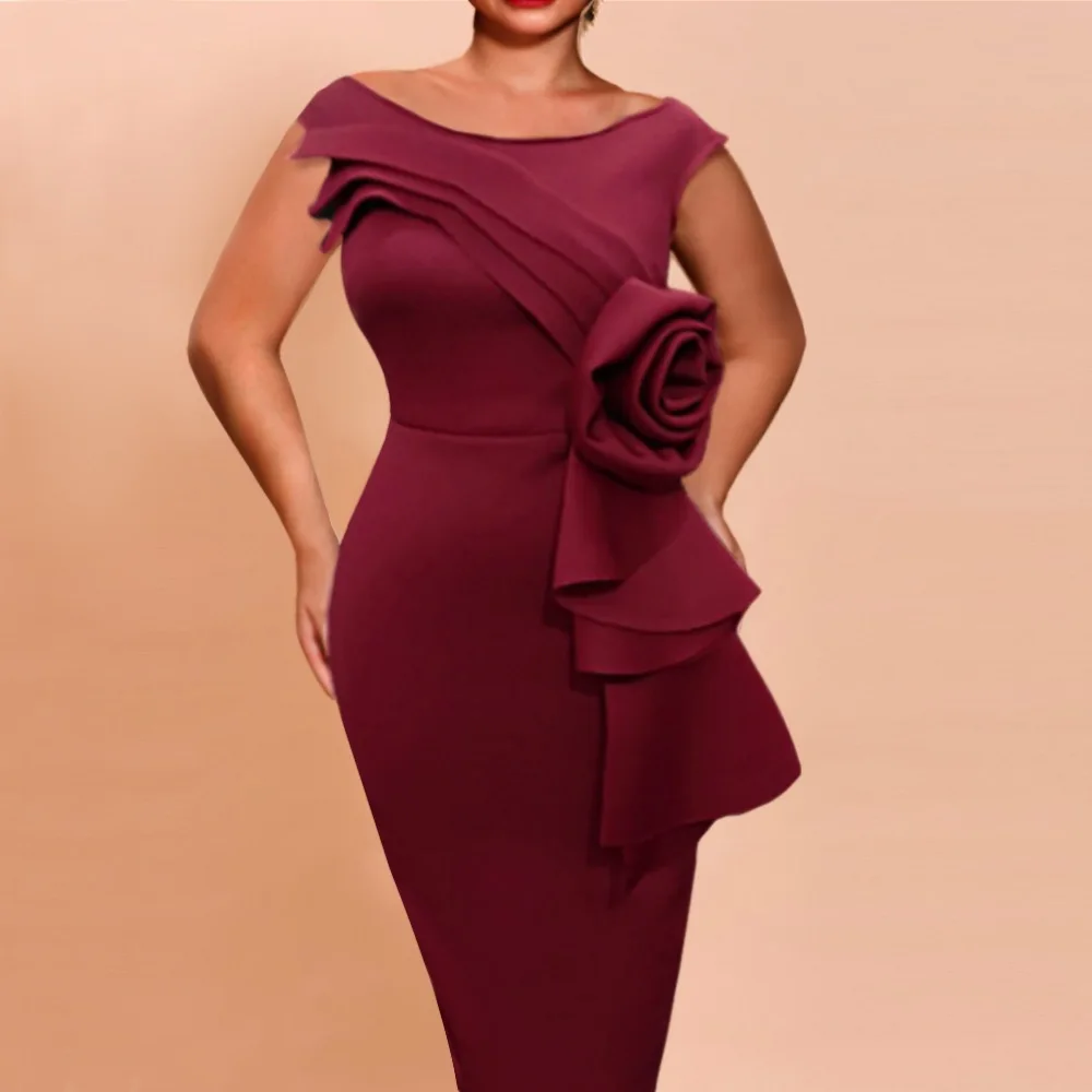 

Sexy Burgundy Dresses for Women Round Neck Short Sleeve Bodycon High Waisted Mid Calf Elegant Evening Night Party Club Dress Hot