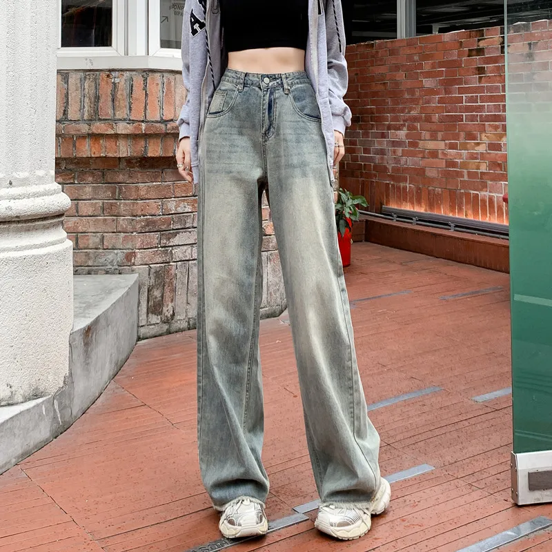 

GUUZYUVIZ Vintage Baggy Jeans Women American Y2k Casual Wide Legs Denim Pants Streetwear Raw Hem Decorate Cowboy Trousers