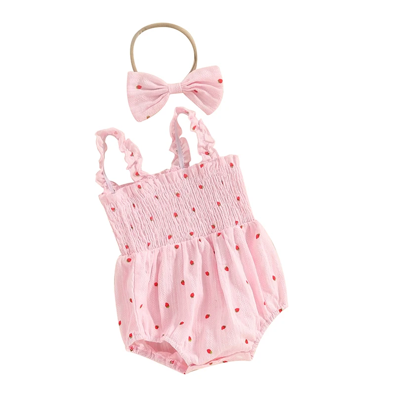 

Newborn Infant Baby Girl Summer Outfits Suspender Ruched Bodysuit Strawberry Print Romper With Bow Headband