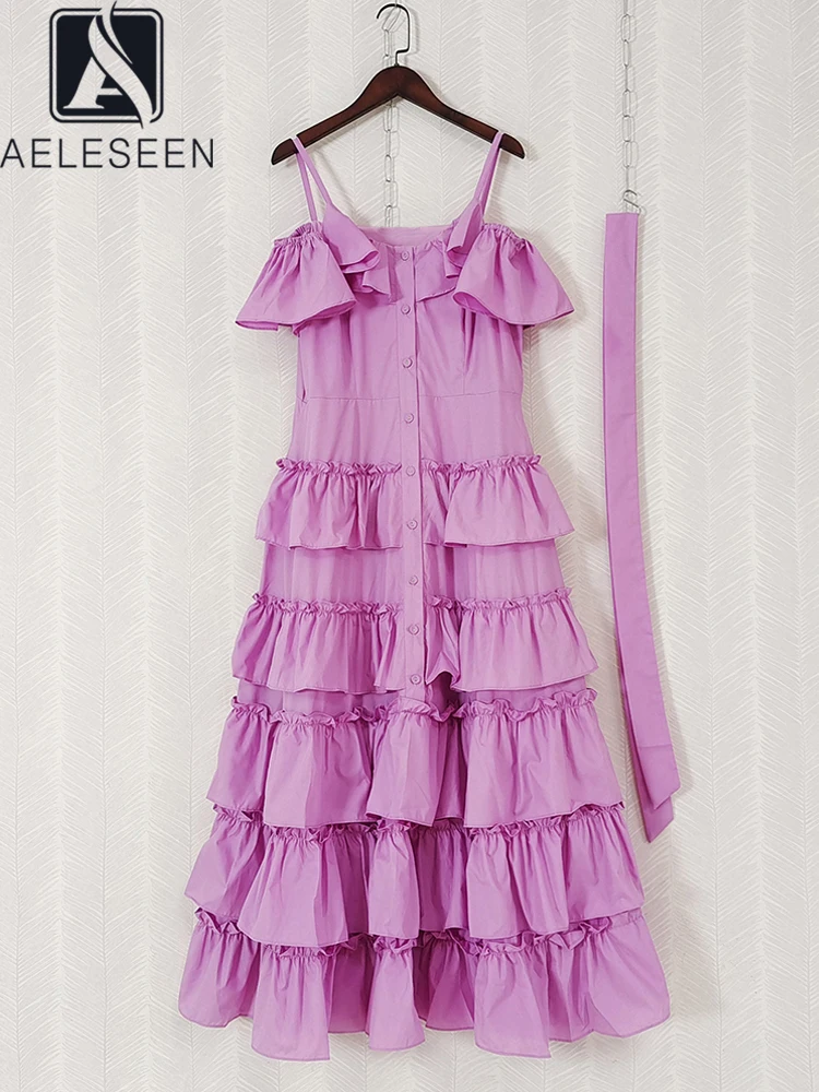 

AELESEEN Women Summer Designer Fashion Dress Spaghetti Strap Off The Shoulder Slash Neck Cascading Ruffles Purple Belt Long