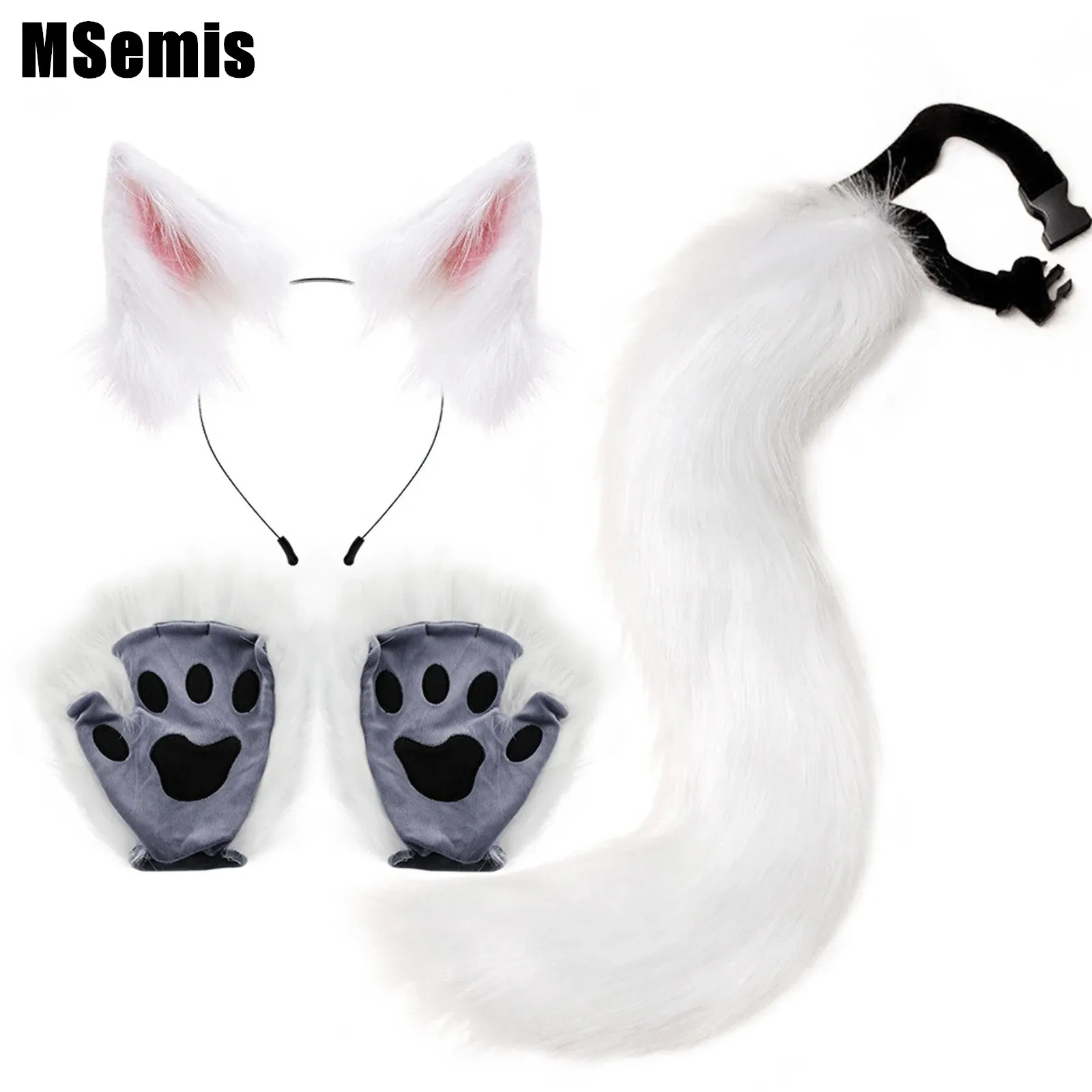 

Halloween Dress Up Props Set Fox Wolf Cat Faux Fur Cosplay Kit Ears Headwear Paw Push Gloves And Tails 3-Piece Animals Anime