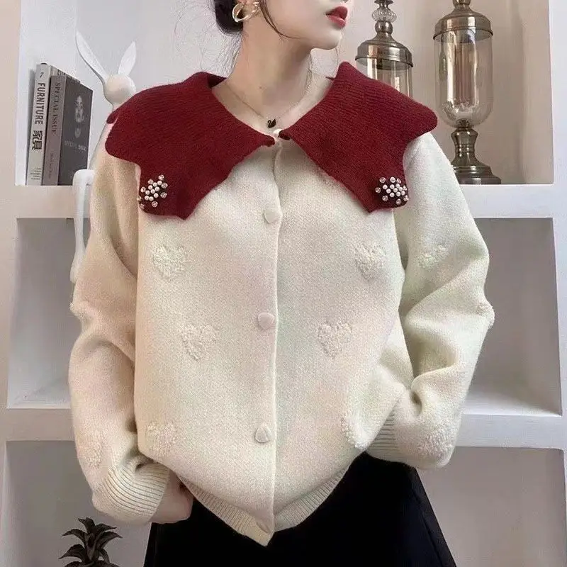 

DAYIFUN-Sweet Knitted Cardigans Women Doll Collar Color Block Sweaters Loose Coats Long Sleeve Versatile Jumpers Tops Fashion