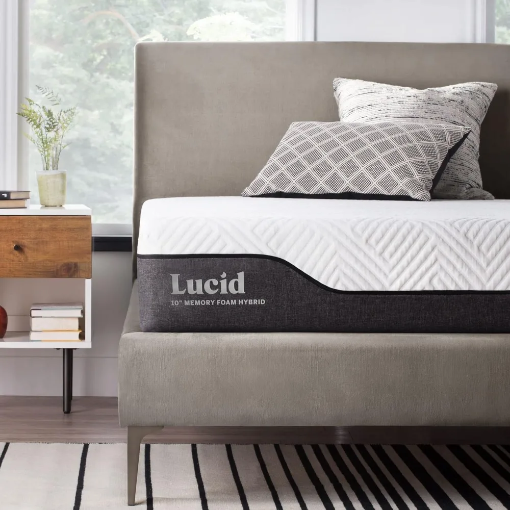 

LUCID 10 Inch Hybrid Mattress - Bamboo Charcoal and Aloe Vera Infused - Memory Foam and Encased Springs - Medium Firm Feel