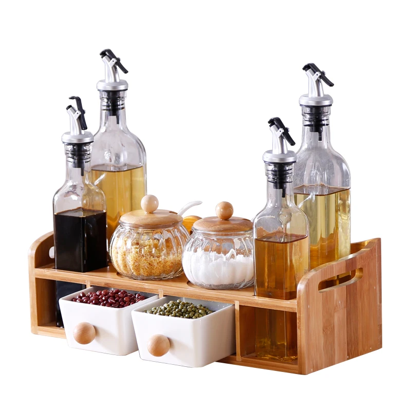 

Seasoning Box Tank, Ceramic Glass Drawer, Salt Jar, Bamboo Stand, Oil Pot, Spices Storage Box, Plastic Containers with Lids