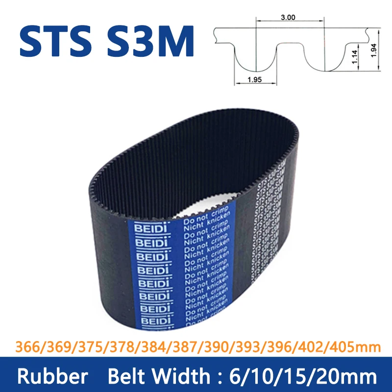 

1pcs STS S3M Timing Belt 366/369/375/378/384/387/390/393/396/402/405mm Width 6 10 15 20mm Rubber Closed Loop Synchronous Belt