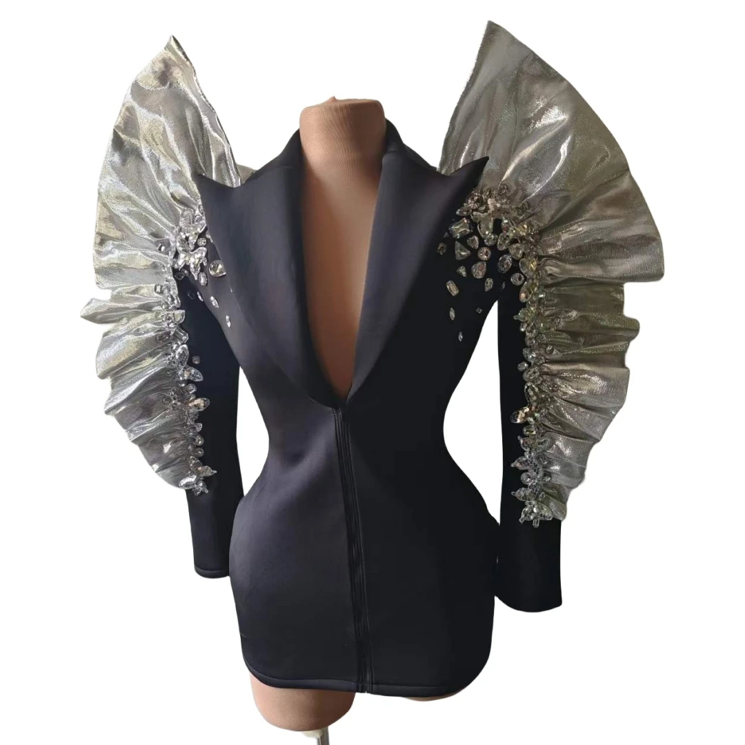 

Black Blazer Design Sparkly Rhinestone Women Performance Dress Singer DJ DS Night Club Bar Stage Wear Drag Queen Costume