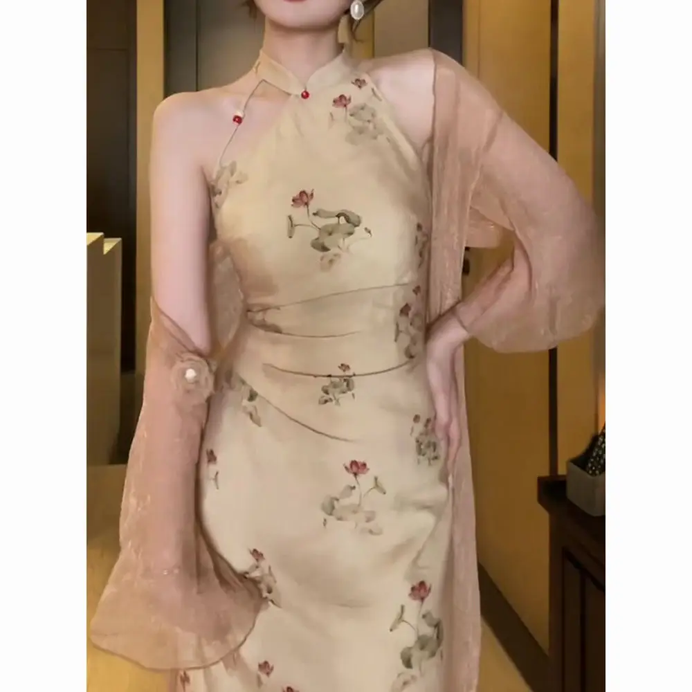 

Elegant cheongsam polyester beige sexy hollow print halterneck sleeveless spring/summer qipao long Chinese style party dress