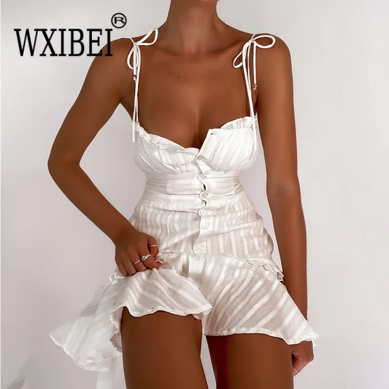 

WXIBEI 2023 New Elegant Summer Women Spaghetti Strap White Dress Cotton A-line Ruffles Mini Dress Strapless Party Dresses FC918