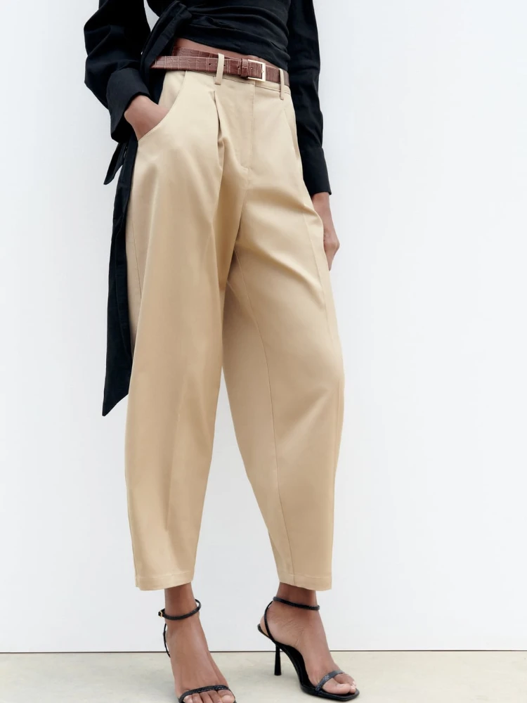 

Women's Summer New Solid Color Belt Casual Straight Trousers Zip Button Closure Belt Mid-rise Ankle Pants Belted Chino Pants