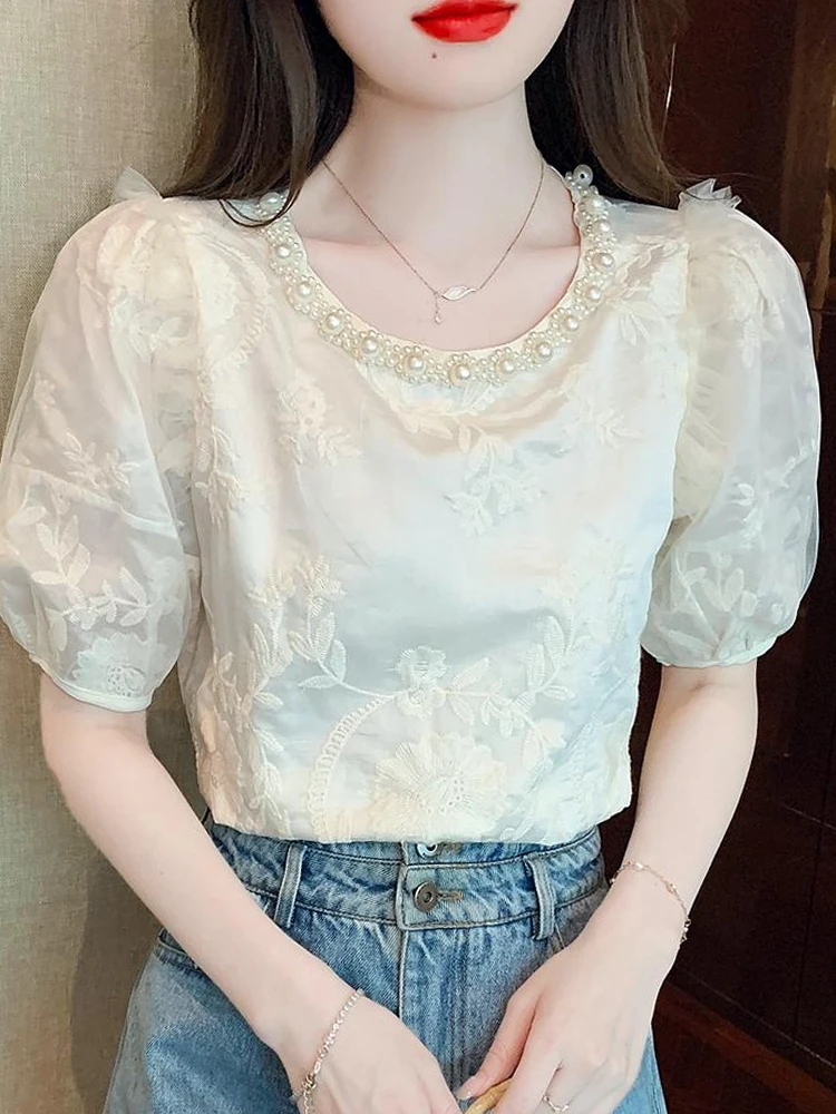 

Summer Casual Short Sleeve O-Neck Blouse Women Blusas Mujer De Moda 2023 Verano Beading Embroidery Blouse Shirt Women Tops G489