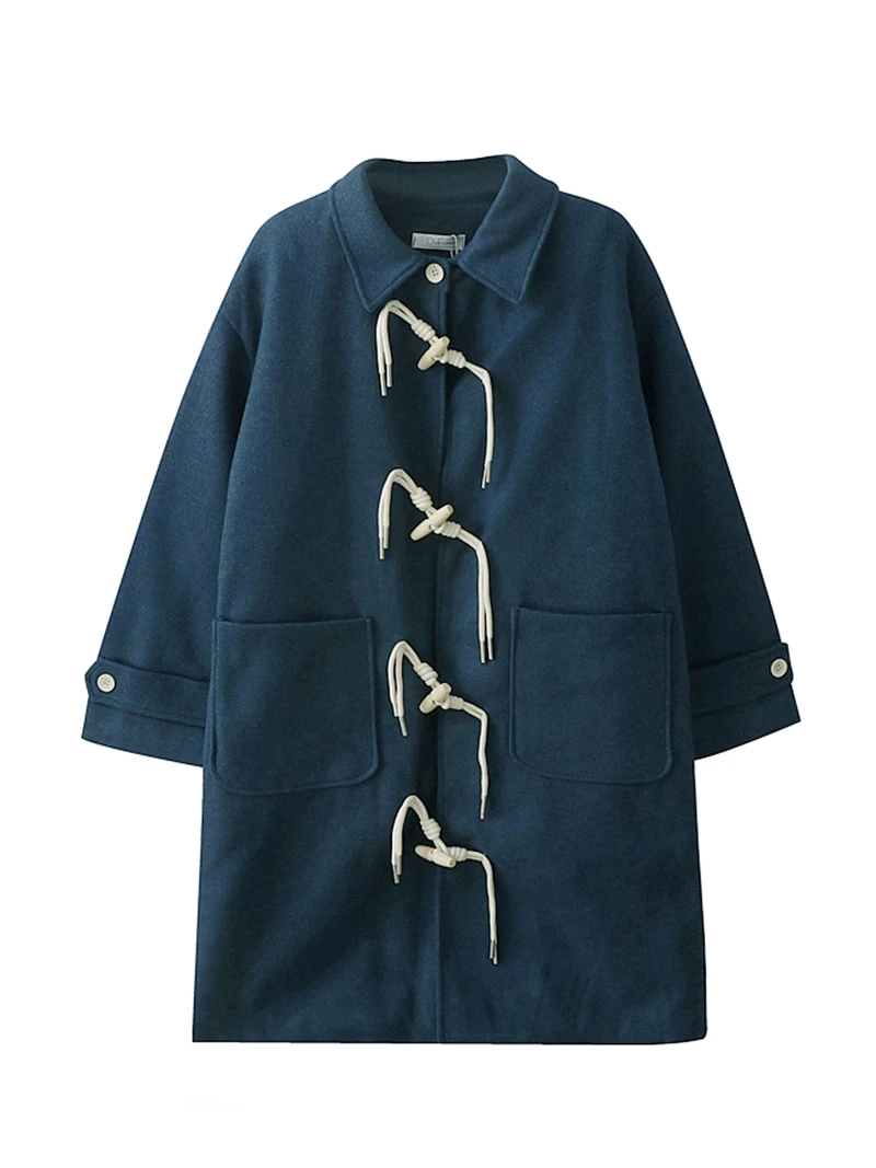 

Autumn Winter New Style Retro Temperament Mid-length Quilted Thickened Woolen Coats Women's Lapel Irregular Horn Button Jacket