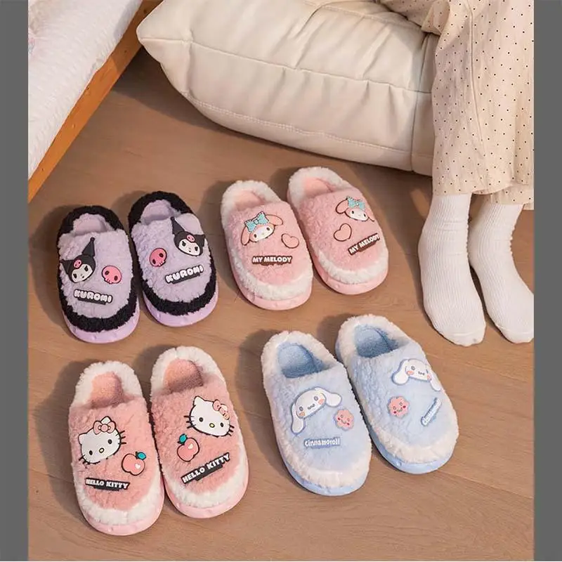 

Sanrio Kawaii Kuromi Cotton Slippers My Melody Plus Velvet Cinnamoroll Anti Slip Stay Warm House Shoes Kids Gift