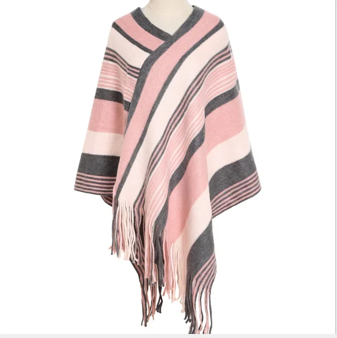 

Autumn Winter Brushed Color Striped Knitted Shawl Women's Imitation Cashmere Warm Pullover Cloak Girl Outdoor Pink