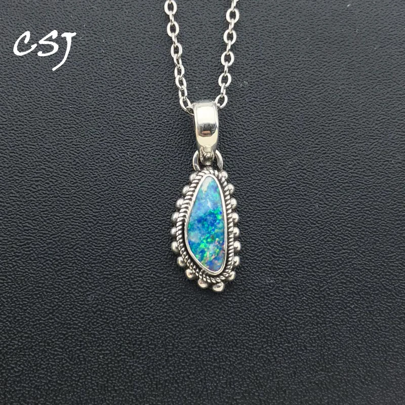 

CSJ Genuine Natural Australia Opal Pendant 925 Sterling Silver Hand Made Jewelry Necklace for Women Birthday Party Trendy Gift