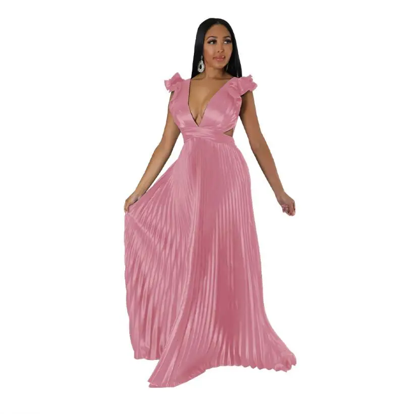 Elegant Ruffle Pleated Women Pleated Satin Dress Female Fashion Hollow Out Backless Solid Dress Sexy V Neck Lace Up A Line Robe
Elegant Ruffle Pleated Women Pleated Satin Dress Female Fashion Hollow Out Backless Solid Dress Sexy V Neck Lace Up A Line Robe