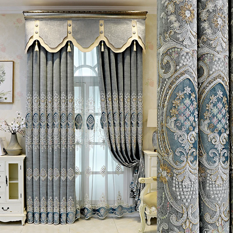 

Custom curtain European luxury Chenille shading bedroom embroidered gray cloth blackout curtain tulle valance drape C1359