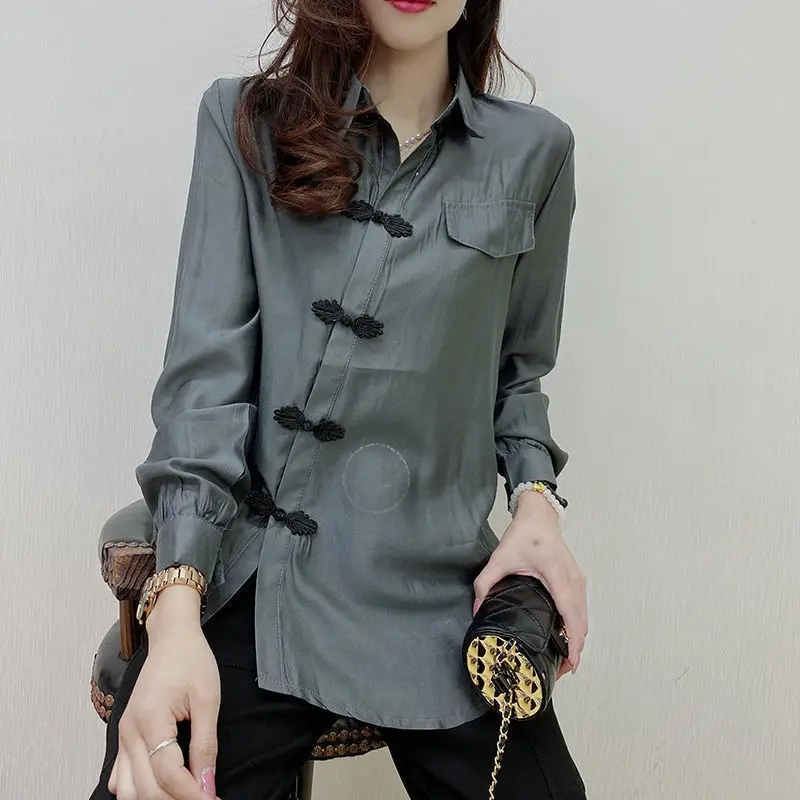 

Spring Autumn Vintage Solid Color Shirt Women's Clothing Commute Asymmetrical Spliced Polo-Neck Folk Chinese Disc Buckle Blouse