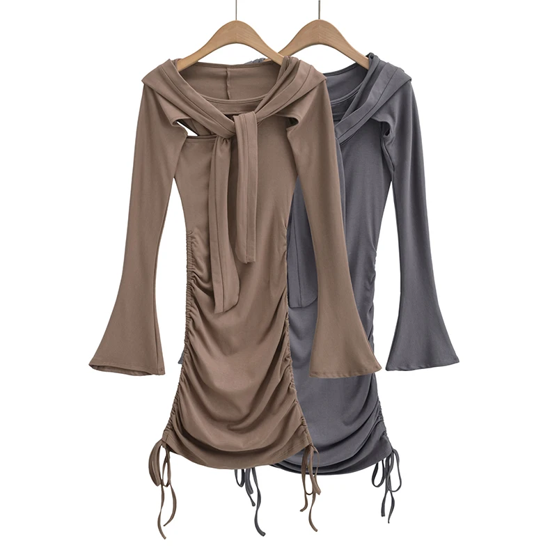

Женские платья с длинным рукавом, осень 2023, y2k, модное мини-платье, Короткие вечерние платья, облегающие сексуальные вязаные платья с рюшами