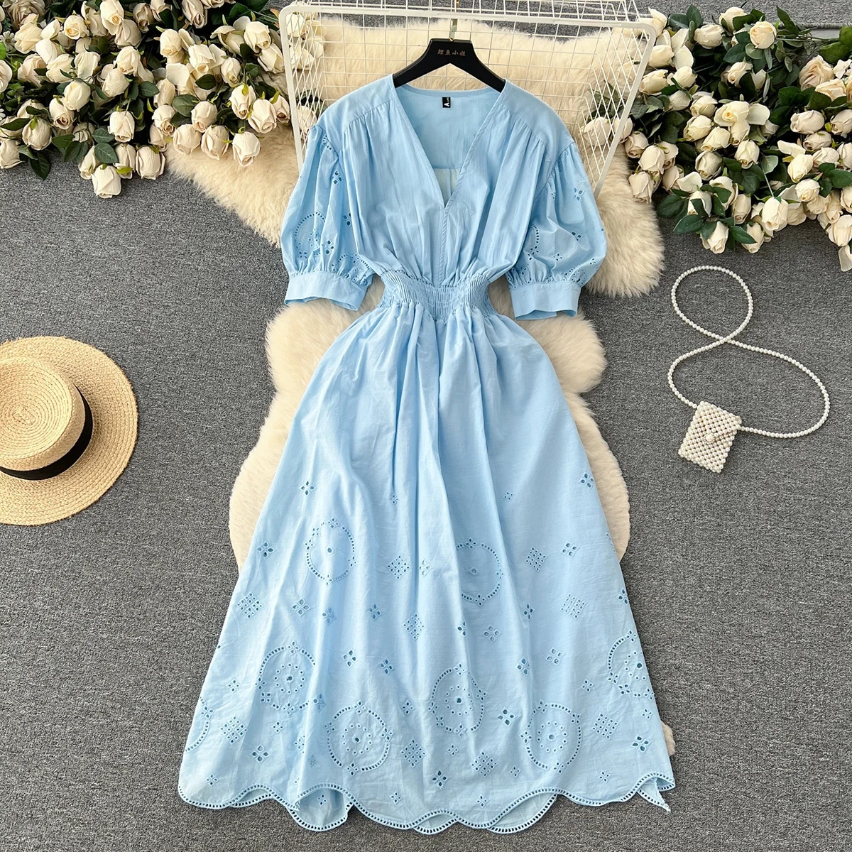 

Croysier Elegant Party Dress For Women V Neck Short Puff Sleeve Cutwork Embroidery Midi Dress Summer Casual Holiday Beach Dress