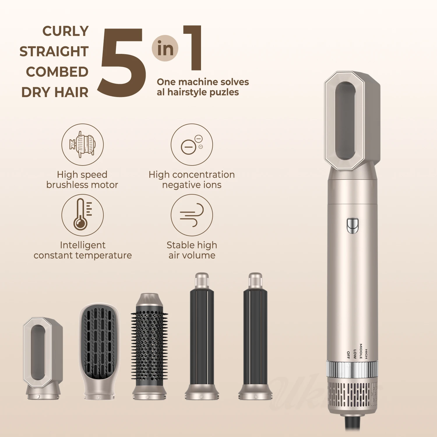 

5 In 1 Hair Dryer Brush and Volumizer Negative Ion Detachable Hair Blow Dryer Styler Hot Air Brush Air Styling Curling Iron