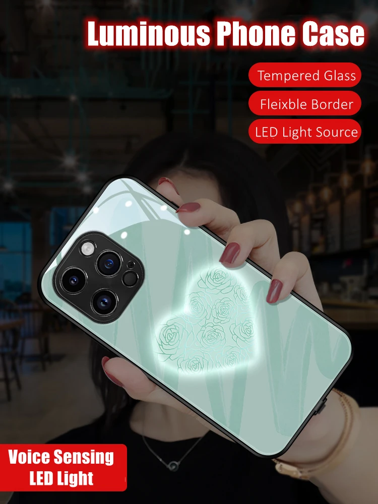 

Rose Heart LED Light Glowing Luminous Tempered Glass TPU Border Phone Case for iPhone 11 12 13 14 15 X Xs Xr Mini Pro Max Plus