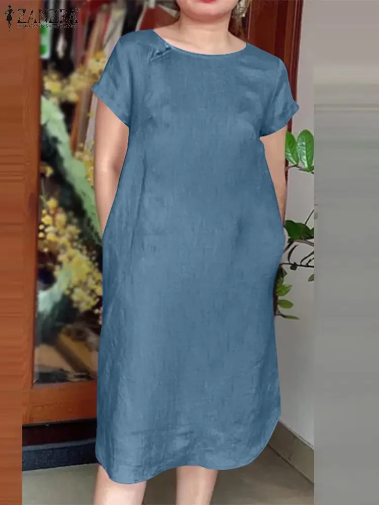 

Платье ZANZEA женское однотонное, модный Повседневный Сарафан с коротким рукавом, с круглым вырезом, элегантная рабочая одежда большого размера на пуговицах, на лето