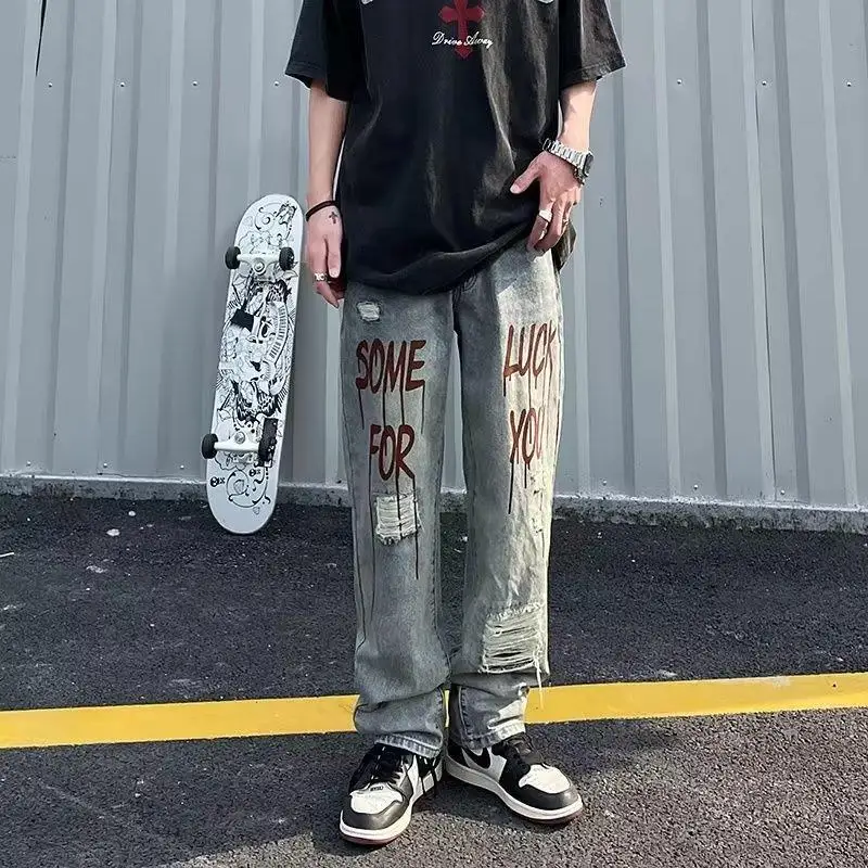 Hip Hop Denim Pants Ripped Destroyed Hole Washed Straight Jeans Letters Harajuku Fashion Casual Loose Denim Trousers Streetwear
Hip Hop Denim Pants Ripped Destroyed Hole Washed Straight Jeans Letters Harajuku Fashion Casual Loose Denim Trousers Streetwear