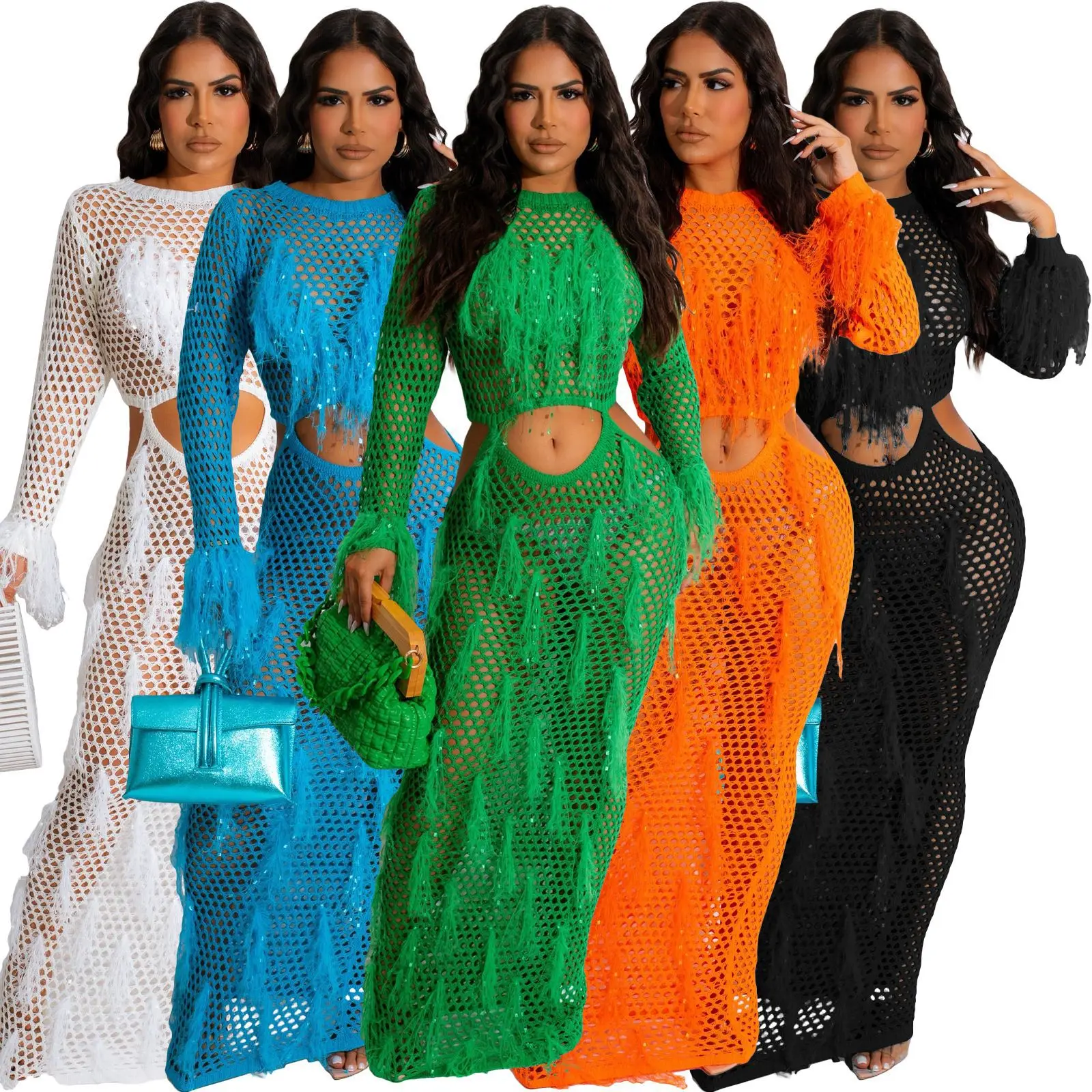 

Crochet Knitted Women Beach Cover Ups Sequin Solid Long Sleeve Fishnet Maxi Dress Sexy Hollow Out Tassel Summer Vacation Outfits