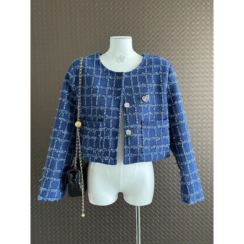 

Blue Plaid Casual Tweed Short Coat Female Autumn Long Sleeve O Neck Chic Fashion Women Small Fragrance Basic Short Jacket 1781