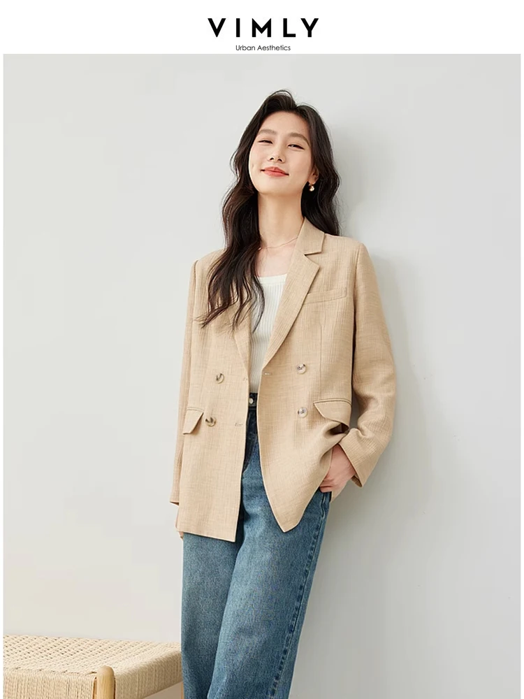 

Vimly Khaki Simple Office Lady Straight Blazers 2024 Spring Notched Collar Double Breasted Professional Suit Casual Jacket M5932