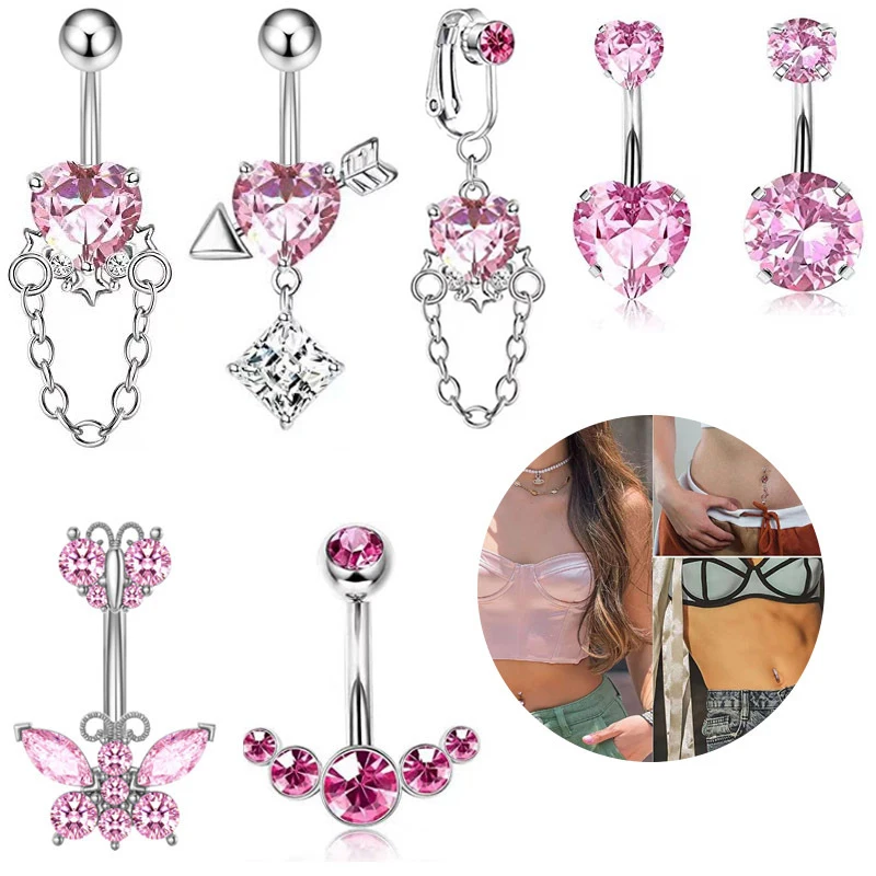 

Fashion Pink Butterfly Heart Pendant Stainless Steel Belly Button Piercing Women Fake Navel Ring Body Jewelry Piercings Jewelry