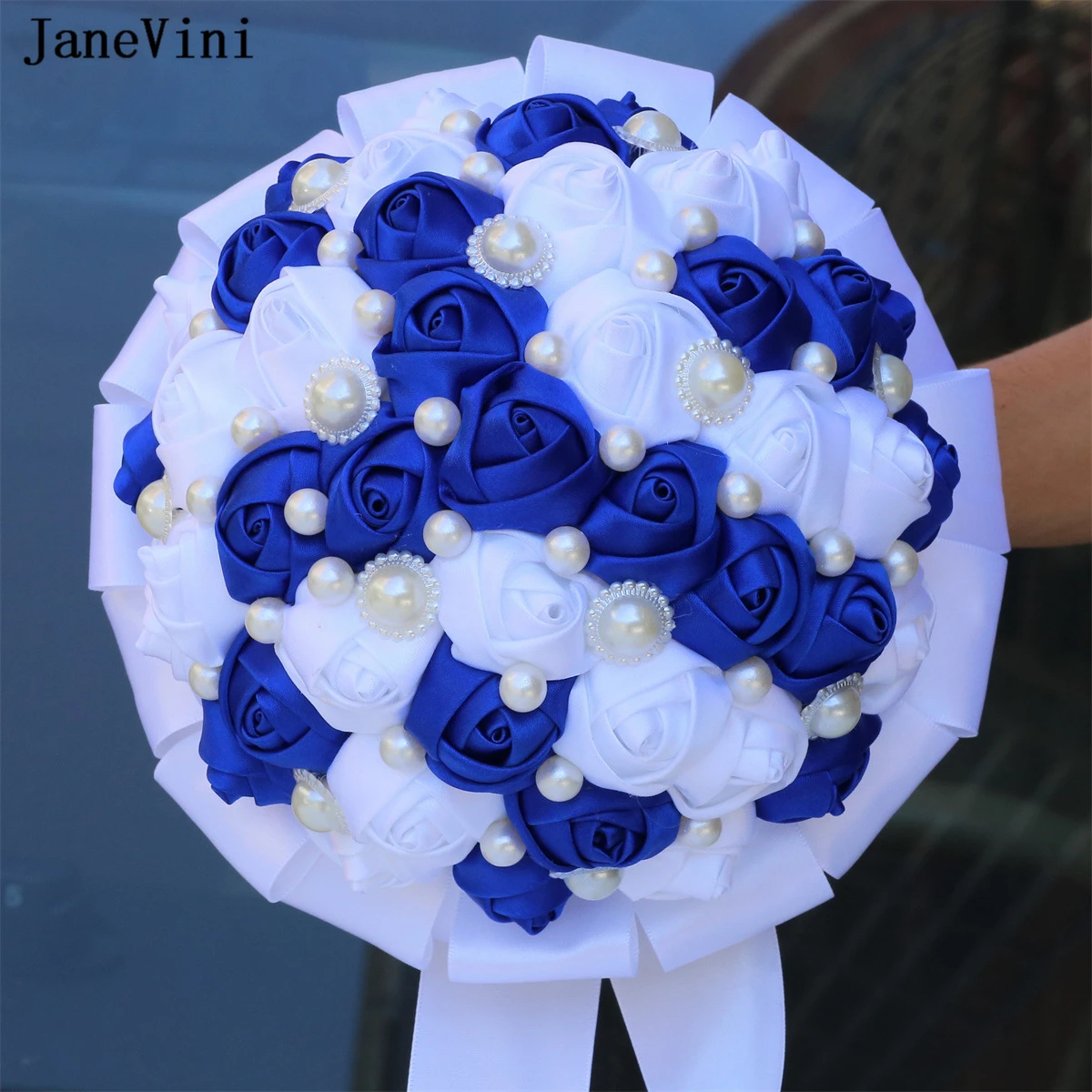 

JaneVini Charming Royal Blue White Flowers Bridal Bouquets Pearls Artificial Satin Roses Wedding Bouquet Accessories for Bride