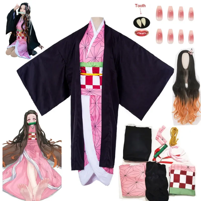 

Kamado Nezuko Cosplay Costume Anime Demon Slayers Kimono Kimetsu No Yaiba Kamado Nezuko Costume Wig Uniform Hallween Women Kids