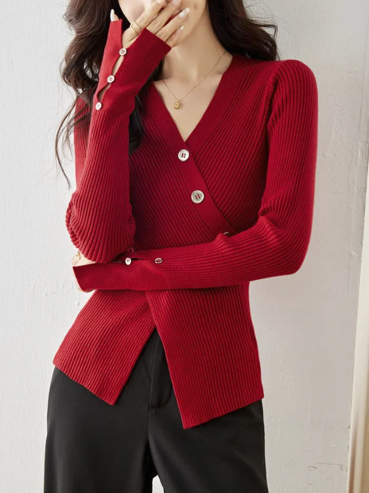 

V-neck Vintage Red Cardigan Y2K Chic Sexy Women's Aesthetic Style Sweater Streetwear Long Sleeve Slim-fit Knitted Loose Sweate