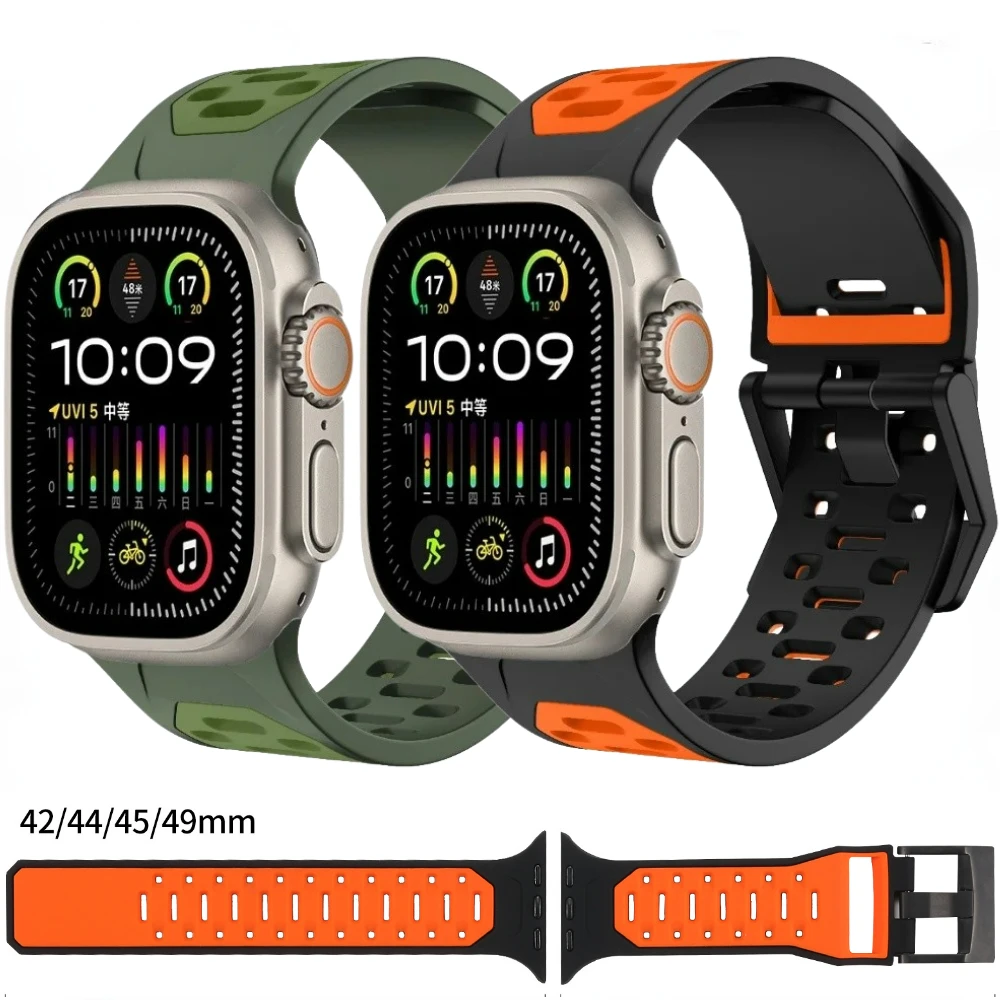 

Sport Silicone Strap for Apple Watch Band 49mm 45mm 44mm 42mm Breathable Wristband for iWatch Series 9 8 7 6 5 4 3 SE Ultra 49mm