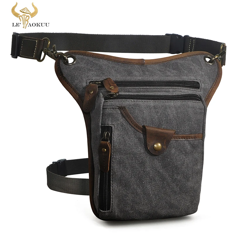 

Canvas+Genuine Leather Design Classic One Shoulder Sling Bag Travel Fanny Waist Belt Pack Drop Thigh Leg Bag For Men Male 211-5