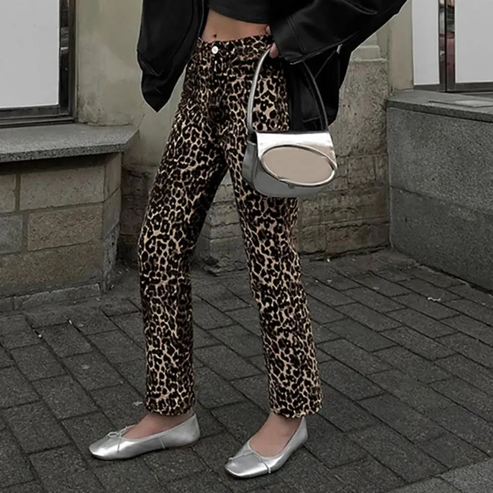 

Leopard Print Pencil Pants Leopard Print Slim Fit Pencil Pants for Women with Button Zipper Fly Pockets Mid-rise Long Trousers