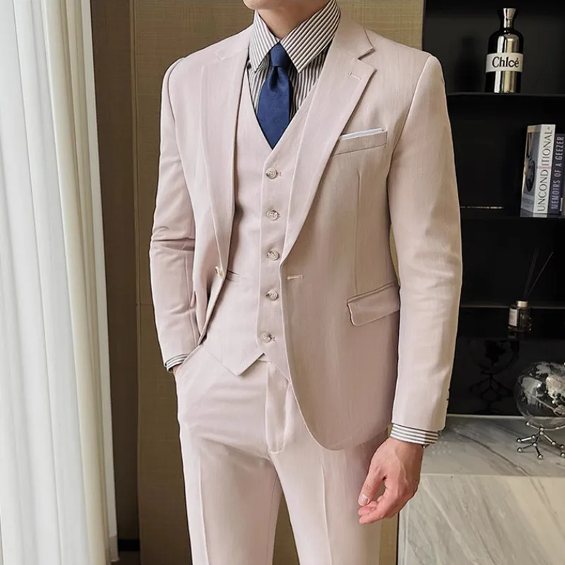 

(Jackets+Vest+Pants) Solid Color High Quality Tuxedo Mens Formal Business Suits 3Pcs Set Groom Wedding Social Show Dress 4XL