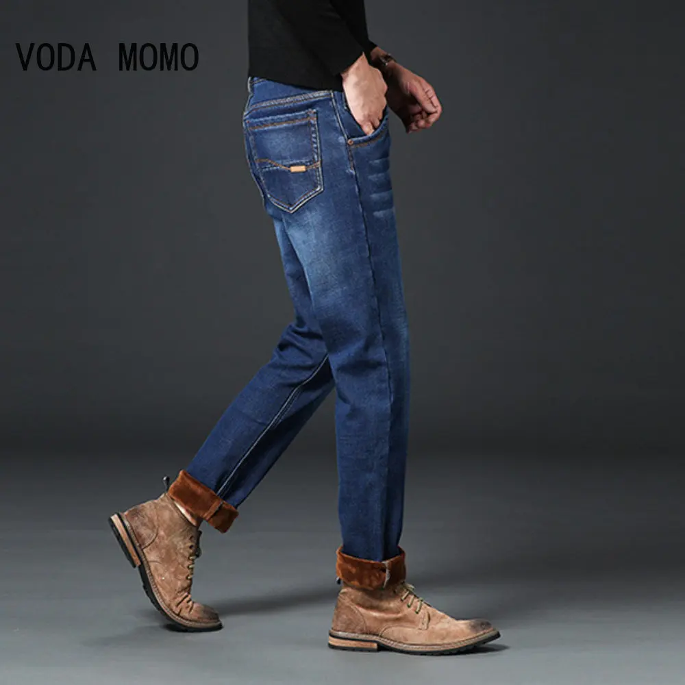 

Классические повседневные зимние новые деловые повседневные мужские прямые джинсы флисовые плотные теплые облегающие хлопковые Стрейчевые брюки со средней талией