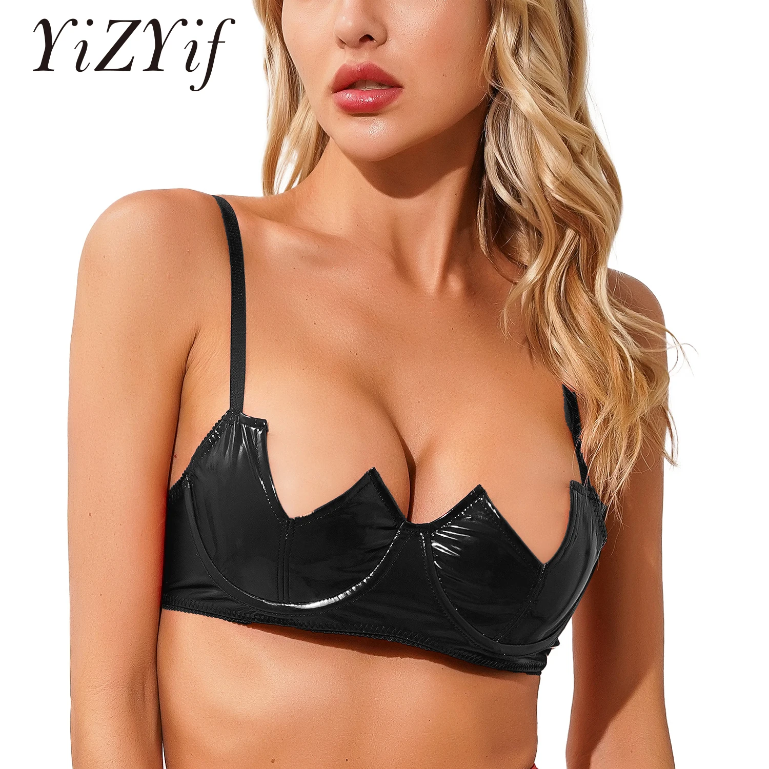 

Womens Sexy V-Notch Underwired Push Up Half Cup Bra Tops Lingerie Underwear Wet Look Patent Leather Adjustable Straps Brassiere