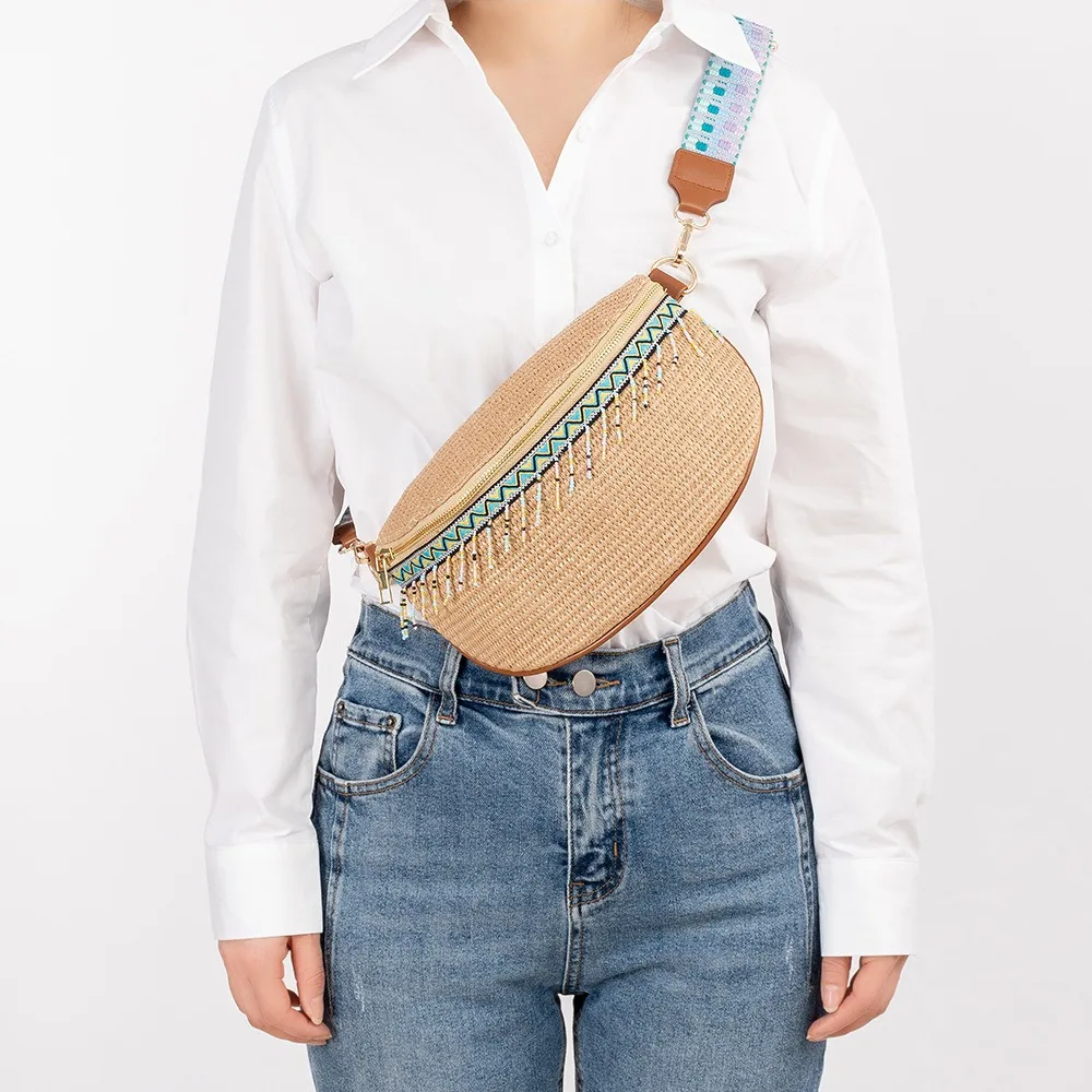 

Boho Straw Crossbody Sling Bags Women Vintage Versatile Guitar Strap Fanny Packs Female Fashion Large Capacity Tassels Hip Pouch