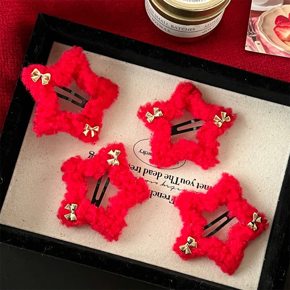 

Barrettes Plush Star Hair Clip Red Color Bow Hairpin Star Duckbill Clip Hair Side Clip Korean Style New Year Hairpin Daily