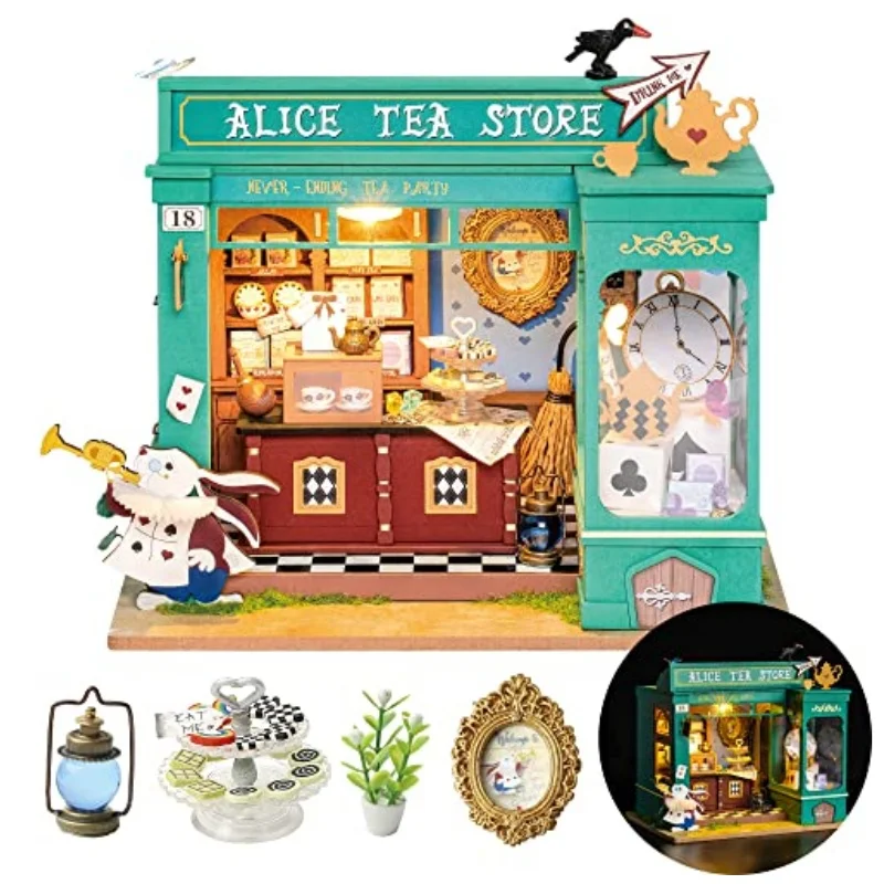 

Robotime Rolife Educational Dollhouse DIY Miniature House Kit Wooden Doll House Alice's Tea Store for Girls Gifts