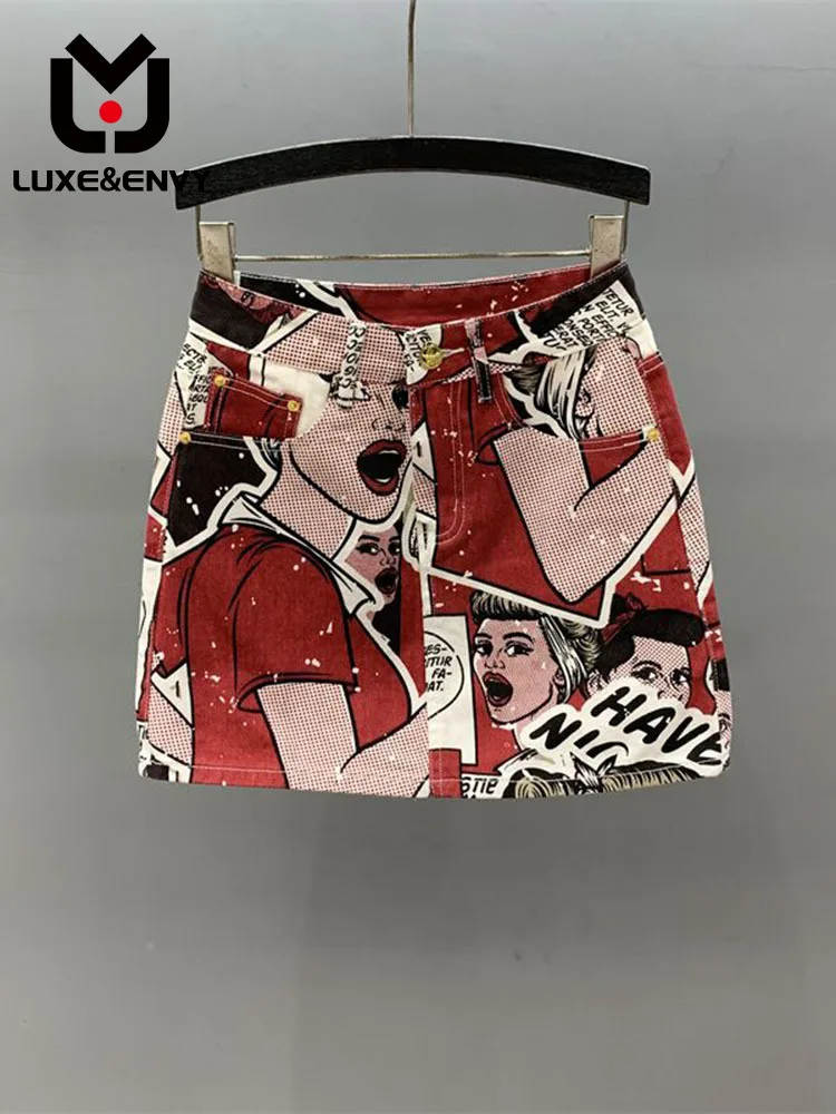 

LUXE&ENVY Design Sense Printed Pattern Denim Skirt Women 2023 Summer High Waisted Slim A-line Wrap Buttocks Short