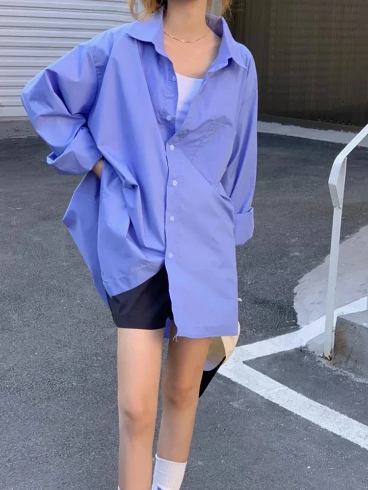 

Свободная блузка Chicly, Женская Уличная Повседневная крутая рубашка-бойфренд белого и синего цветов с карманами, женская рубашка средней длины в Корейском стиле Харадзюку